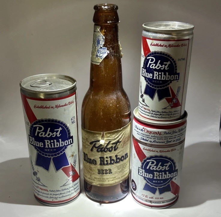 Vintage Pabst Blue Ribbon Beer Bottle & Cans Lot Retro Bar Decor Man Cave Set
