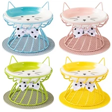 Ceramic Cat Bowls Set of 4, Raised Cat Food Bowl with Stand, Elevated Pet Foo...