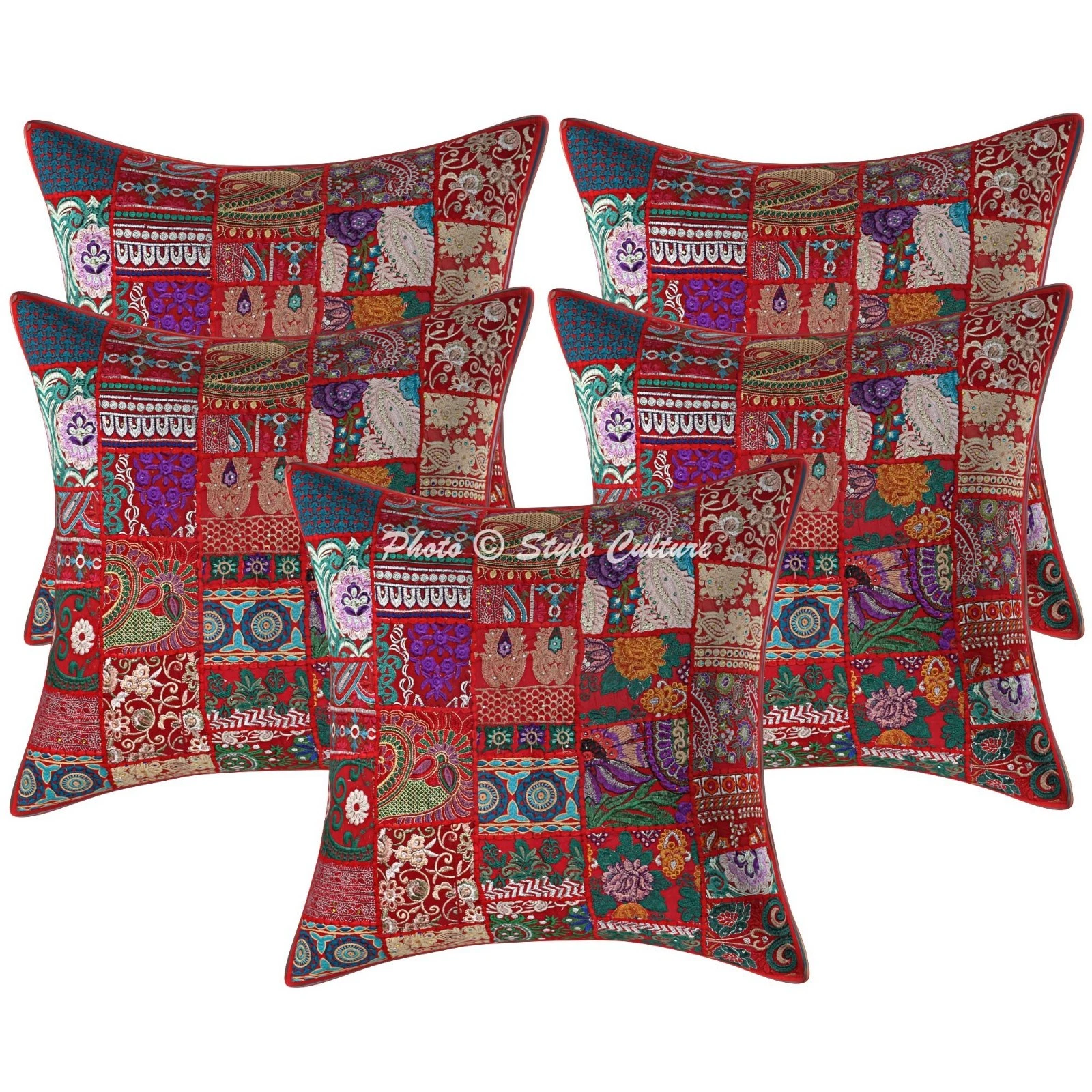 Indian Cotton Throw Pillow Covers Vintage Patchwork Red Abstract Home Decor