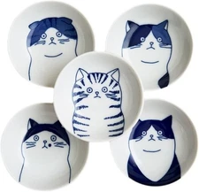 Japanese Cat Ceramic Small Plates - Set of 5 - Great Gift for Cat Lovers 5 Ca