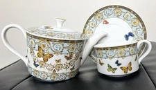 Grace’s Tea Wear Blue Butterfly & Scrolls Tea Pot Set with Gold Accents New