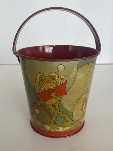 Vintage Ohio Art Tin Litho Sand Pail Illustrated By Fern Bisel Peat, Frog, Fish