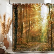 Fall Forest Shower Curtain, Autumn Maple Leaves Tree Nature Scene Bathroom Cu...