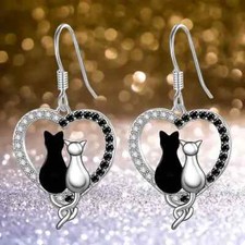 Black & White Cat Heart Shape Pendant Earring...