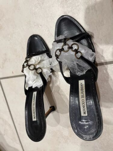Manolo Blahnik STRAPY PEWTER LOOPS BLACK LEATHER S
