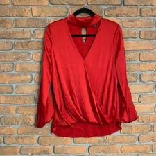 Bold Elements Red Blouse Cutout Mock Neck Long Sleeve Satin Top Womens Size S