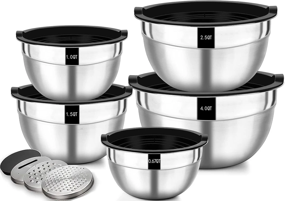 Schüssel Set 5x Edelstahl Rührschüssel Salatschüssel Deckel Reibeaufsatz B913 - Bild 1 von 4