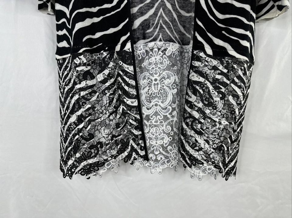 Chicos Cárdigan Suéter Mujer Talla 1 Negro Blanco Estampado Animal Encaje Dobladillo BOHO Foto 4 de 4