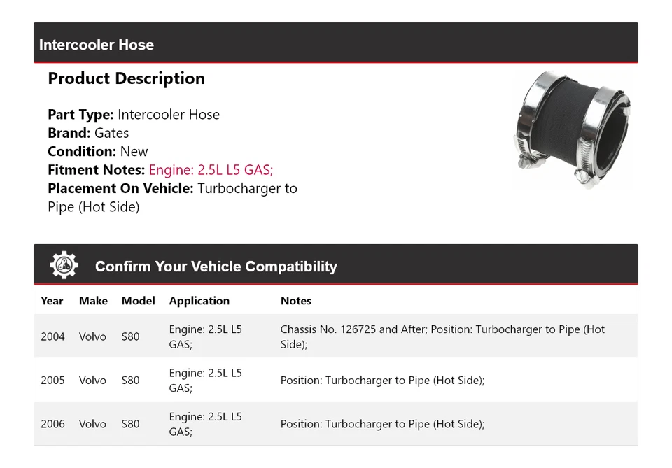 Para Volvo S80 2004-2006 Intercooler Manguera Turbocompresor a Tubería (lado Caliente) Puertas Foto 2 de 3