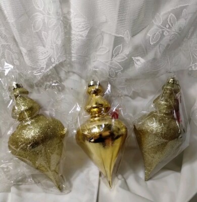 Designer SHATTERPROOF ORNAMENTS 6'' Holiday Christmas Tree Wreath GOLD FINIAL s/3