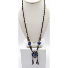 Dramático Collar Lavalier Vintage Peltre, Colgante Tribal Articulado con Cobal