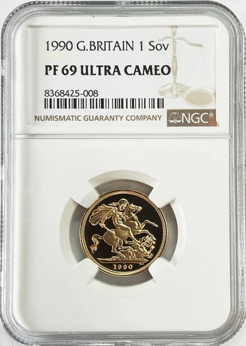 1990 GOLD GREAT BRITAIN 1 SOVEREIGN COIN NGC PROOF 69 ULTRA CAMEO