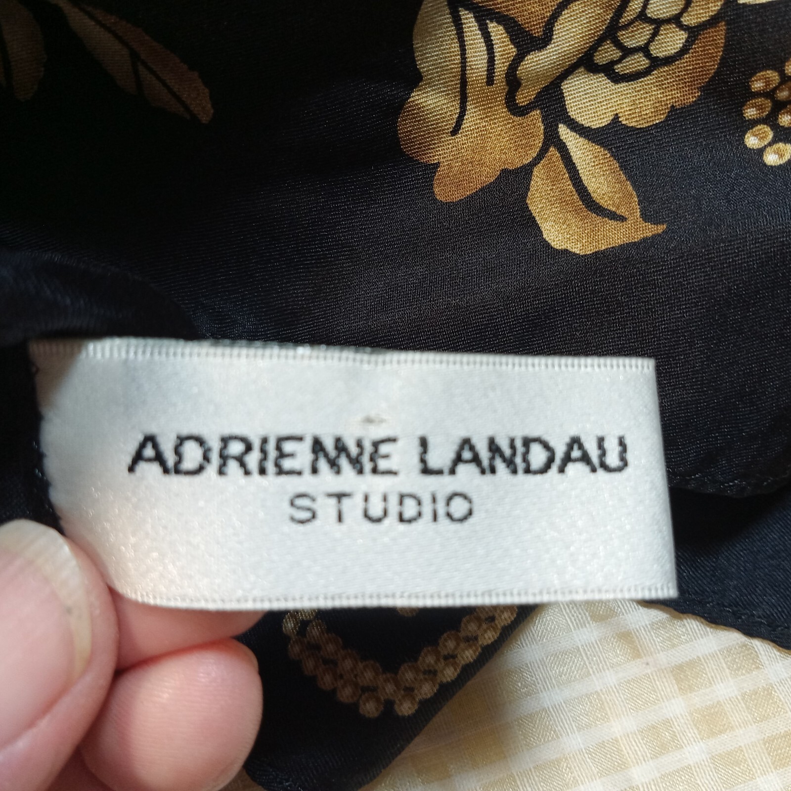 ADRIENNE LANDAU Studio 100% SILK SCARF 35 x 34 FLORAL DESIGN BLACK~GOLD~CREAM