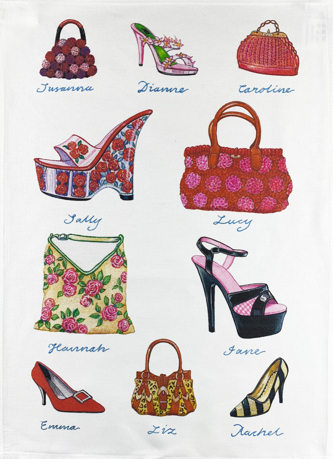 Shoes and Handbags Tea Towel,  machine washable, cotton, hand drawn