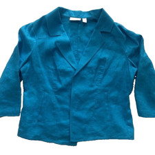Chicos Ladies Drape Jacket sz 2 Aqua Blue 3/4 Sleeves 100 Linen