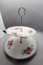 Vintage Moss Rose Porcelain Handled Two Tier Tidbit Tray