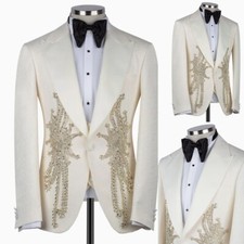Men Suits Jacket Blazer Regular Fit Peak Lapel Formal Appliques Lace Beading