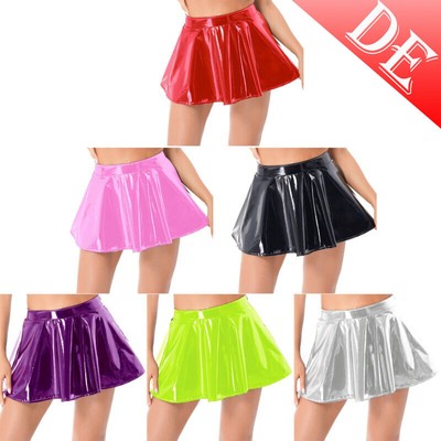 Damen Wetlook Rock Sexy Minirock Kurz Ausgestellter Rock Lackleder Plisseerock