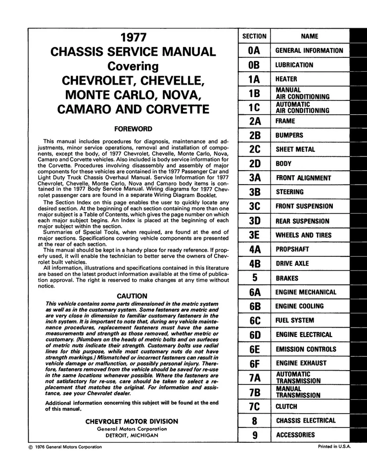 Chevrolet 1977 manual de servicio (reproducción de calidad con licencia) Foto 2 de 4