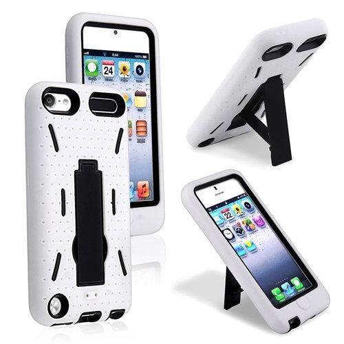 iPod Touch 5 6 Gen - HARD & SOFT RUBBER HYBRID CASE COVER WHITE BLACK KICK STAND - Afbeelding 1 van 1