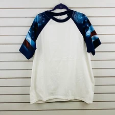 Mens XL Everyday Life USA T-Shirt White Blue Printed Sleeves Flag Fireworks July