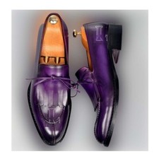 Handmade Men's Purple Fringe Loafer Tasseled Split Toe Pure Leather Shoes, Sale!