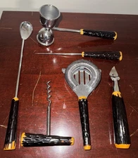 Vintage Chrome and Faux Antler Craft Cocktail Bar Tool Set - 6 piece set