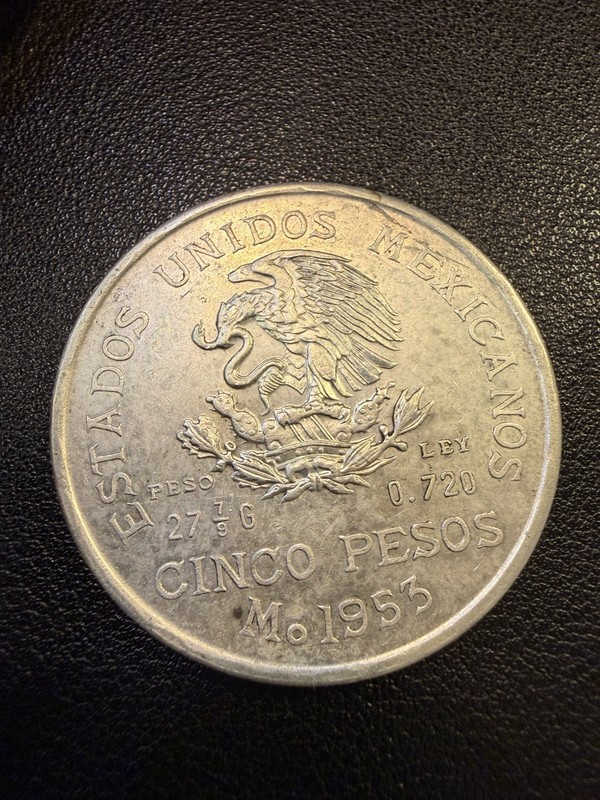 1953 Mexico Silver 5 Pesos Hidalgo 0.720 Silver Coin R355
