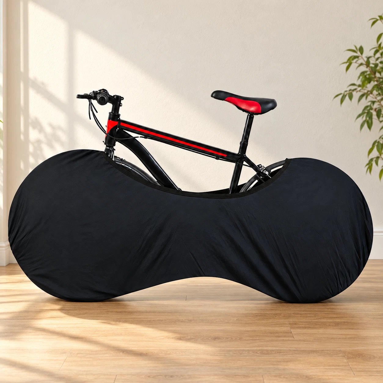 Black stretch wheel cover fitted around the lower part of a bicycle indoors
