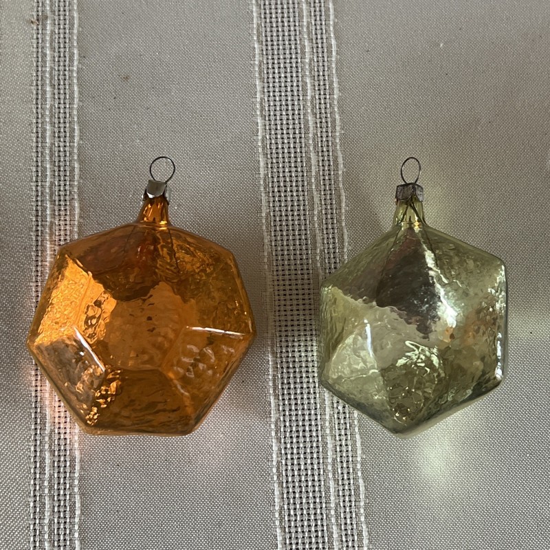 2 - Vintage Ice Glass Hexagon Russian Christmas Ornament - 3” - Orange & Yellow