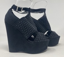 River Island size 7 (40) black faux suede high heel strappy silver studs wedges