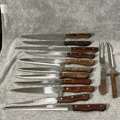 LOT 13 VINTAGE KNIVES W/ WOOD HANDLES regent swords emperor steel maxam