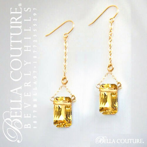 $600NEW RARE 14K YELLOW GOLD NATURAL CITRINE BAGUETTE VTG DANGLE DROP EARRINGS