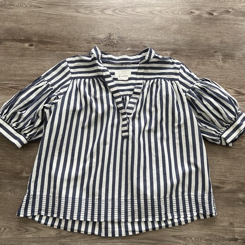 Anthropologie Poplin Puff Sleeve Top Womens Medium Navy Stripe - Imagen 2 de 13