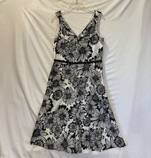 Talbots Black & White Floral Sleeveless Midi Dress Y2K Fit & Flare Size 12