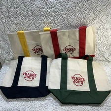 Trader Joe's Mini Canvas Tote Bag Set Of 4 Red Blue Green Yellow CHRISTMAS LIMIT