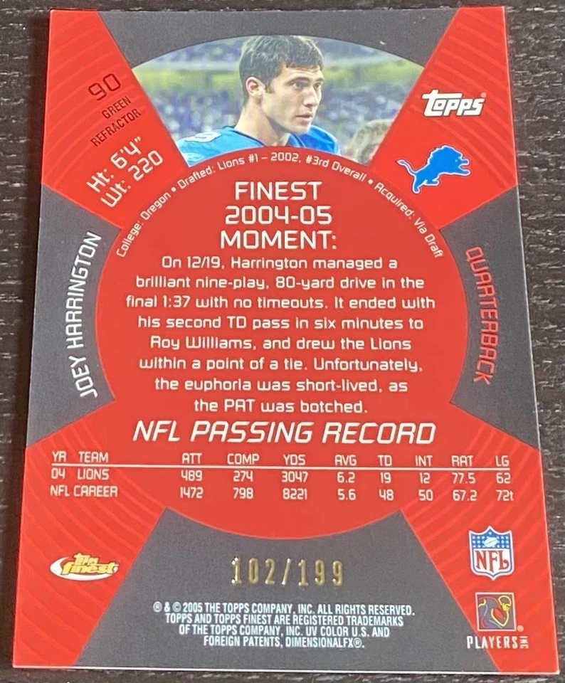 Joey Harrington - 2005 Topps Finest #90 Green Refractor #34/199 - Lions - Image 2 of 2
