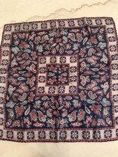 Vtg Silk Pocket Square Scarf Symphony Square Blue Red Silver Paisley 18.5 x18.5
