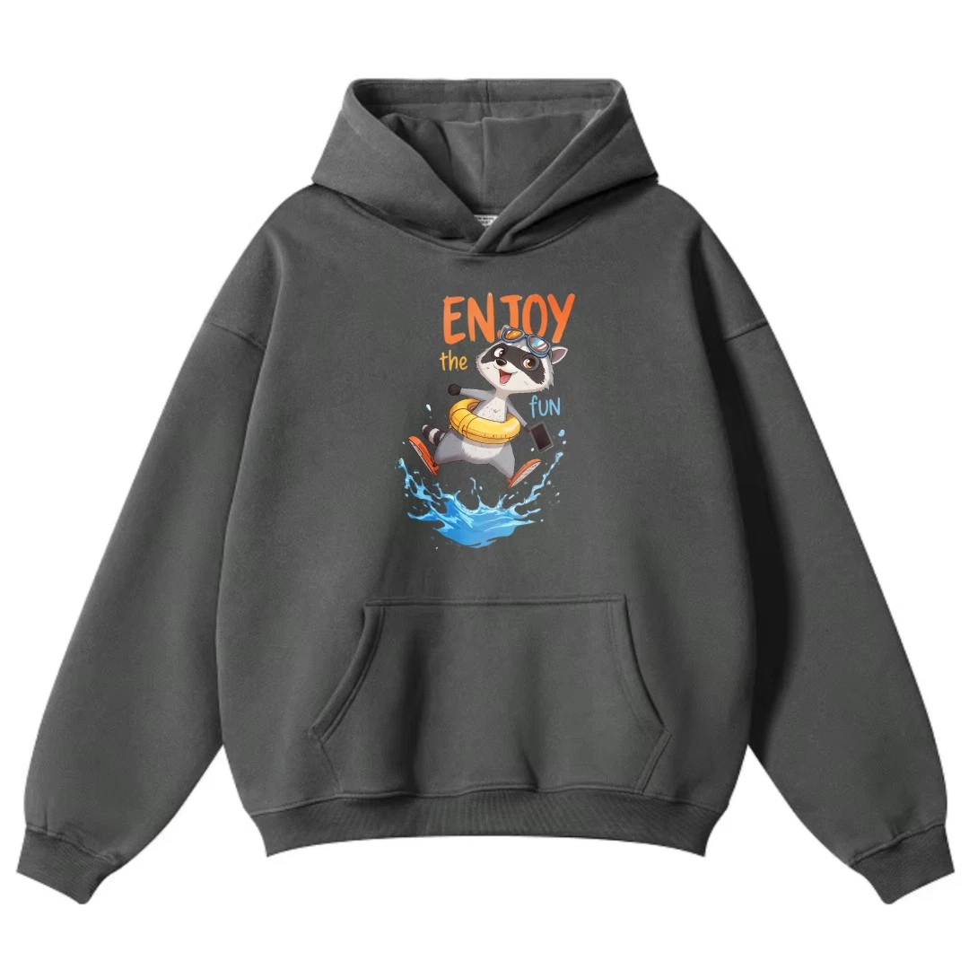 "Enjoy the Fun" Raccoon Graphic Long - Sleeve Hoodie with Front Pocket