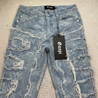 Guapi Jeans Men's Size 28X38 Stacked Denim Long Flare Distressed