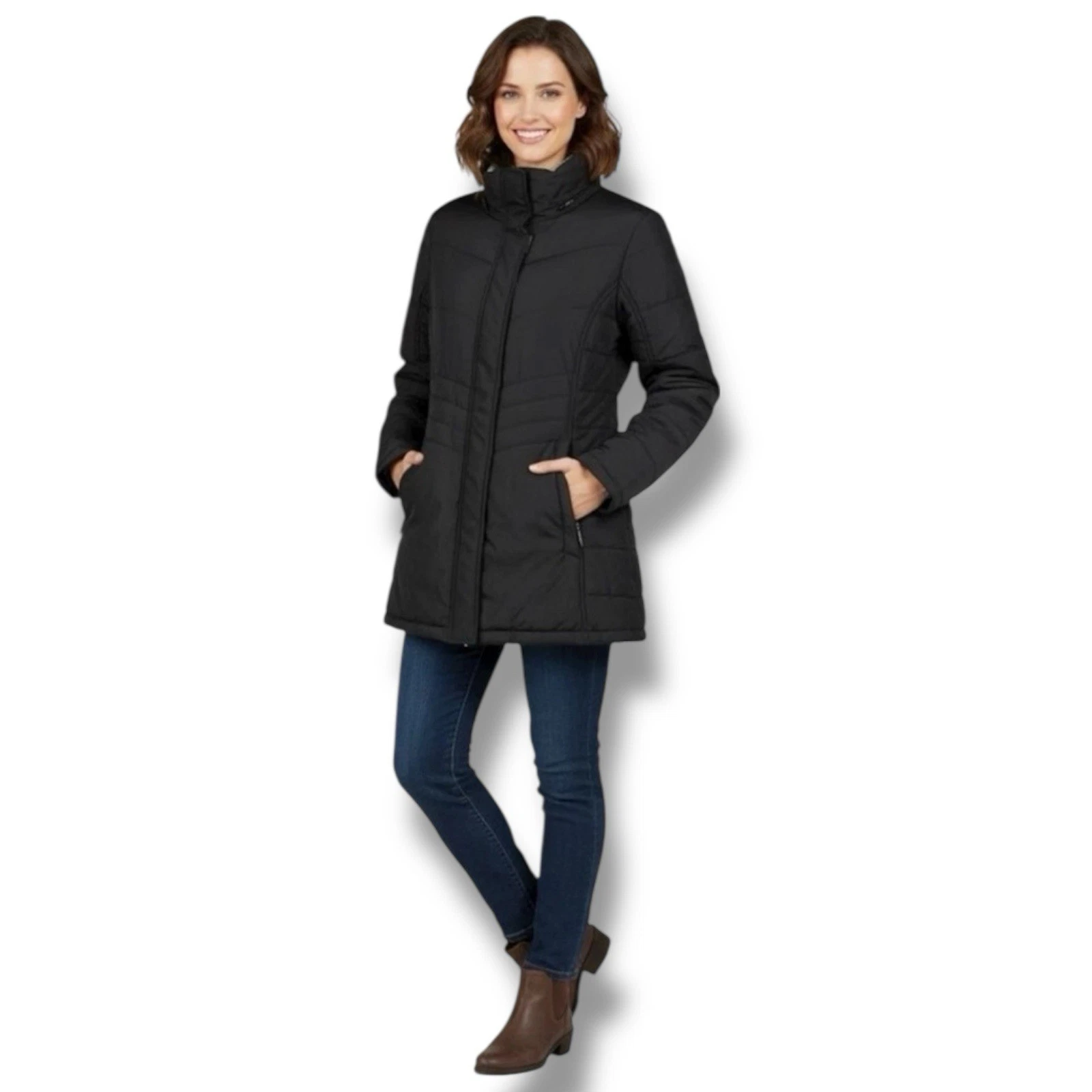 Swiss Tech Retro Black Quilted Mid-Length Puffer Jacket Fleece Collar M 8-10