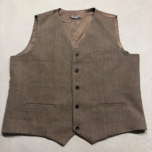 Paul Jones Mens Brown Herringbone Tweed Vest Waistcoat Sz XL Classic Button Up