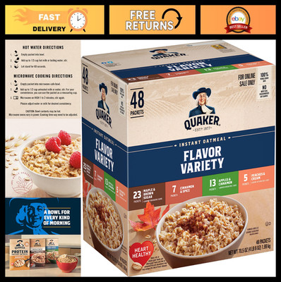 Instant Oatmeal Variety Pack - 4 Flavors, 48 Individual Packets, Quick Breakfast