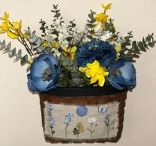 Decorative Wicker Wall Basket With Faux Blue & Yellow Flowers Grandma Core