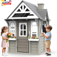 Outdoor Playhouse for Kids Ages 3-8 Wooden Play House Doorbell Phone Kitchen Toy