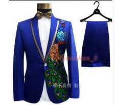 Mens Sequins Peacock Suit Blazer Bar Coat Pant Jacket Dress Formal Outwear