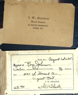 1935 I. W. Shadle Real Estate Rent Receipt Booklet York PA Vintage Ephemera