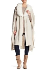 New Cejon Faux Fur Collar Acrylic Sweater Knit Cape Natural OS
