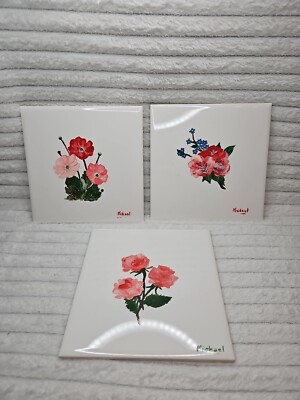 Handbemalte Keramikfliesen x3 3 Arten von roten Blumen 6'' x 6'' bemalt 1983