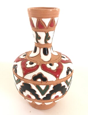 Art Pottery Glazed Red Ware Hand Painted Pattern Signed Apollo Rodos Vase